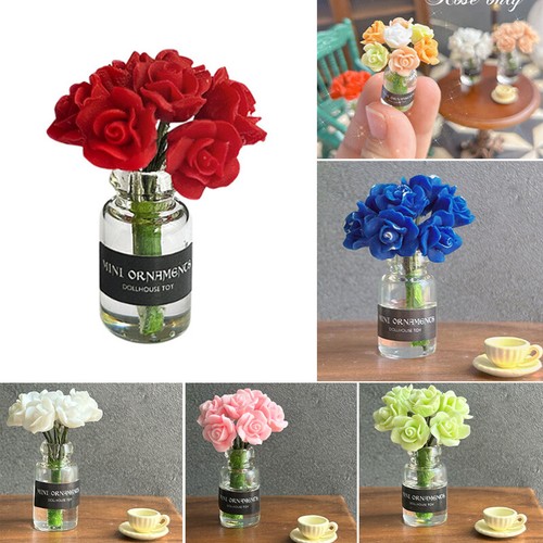 Rose Flower Glass Vase 1:12 Scale Botanical Dollhouse Miniatures Pot Decoration