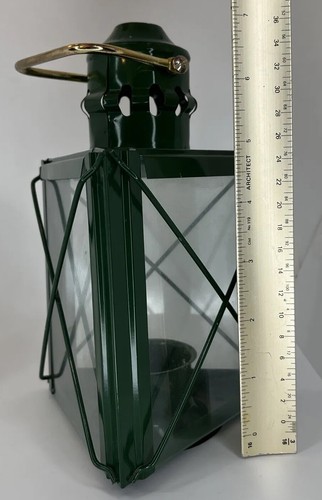 Lantern Tea Light or Votive Candle Dark Green Metal Glass Triangle Camp Or Decor - Picture 10 of 11