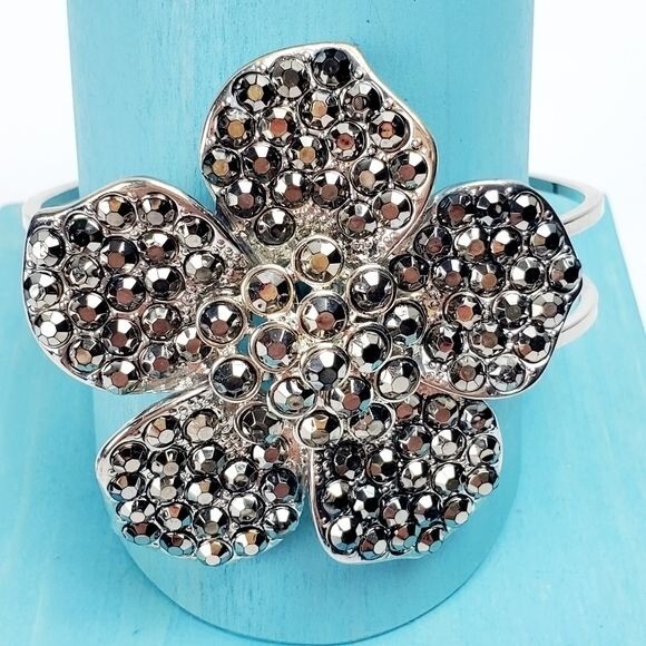 Flower Statement Clasp Cuff Rhinestone Embellished - image 3