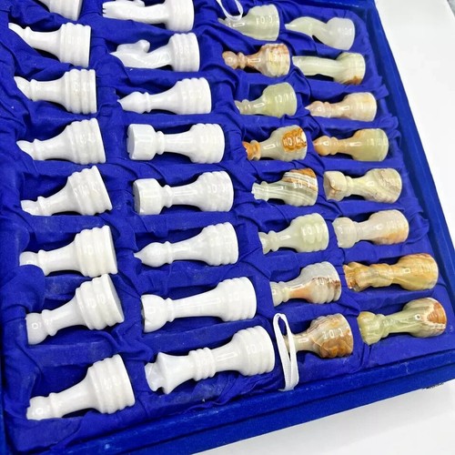 Handcrafted Pakistan Onyx & Marble Chess Set Multi-Color Velvet Case Heavy Rare - Picture 3 of 10