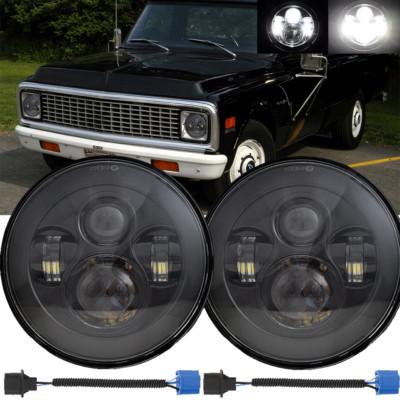Pair Black 7'' Round LED Headlights Hi/Lo Beam for Chevy Truck Camaro C10 C20