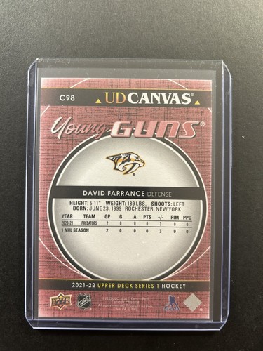 David Farrance - 2021-22 UD Serie 1 - Young Guns Canvas RC #C98 Nashville - Bild 2 von 2
