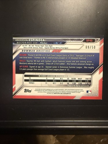 2016 Bowman Prospects Gold /50 Anderson Espinoza #BP40 - Picture 2 of 2