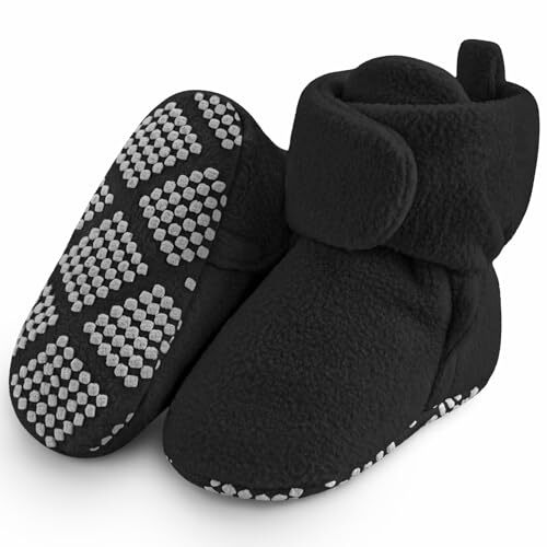 Fleece Baby Booties, Warm Cozy Baby Slippers, Stay On 6-12 Months Infant Black - Picture 2 of 8