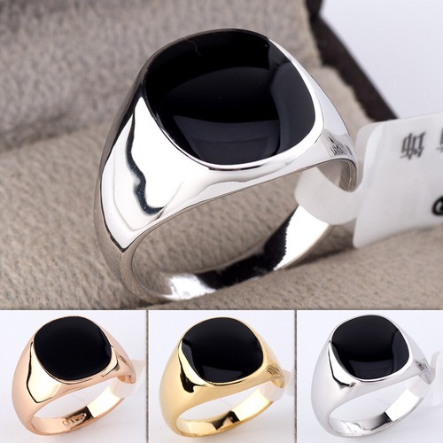 R041 Mens Black Onyx Enamel Signet Biker Ring 18KGP No Stone Size N - Z - Picture 2 of 18
