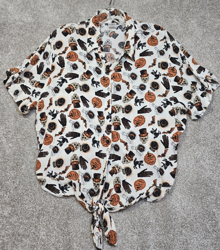 Spirit Halloween Button Up Shirt Top Tie Front Kurzarm Totenkopf Katze Damen XL