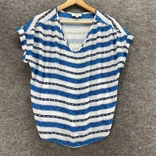 Loft Blouse Women S Small Blue Striped V-Neck Short Sleeve Pullover Casual Rayon