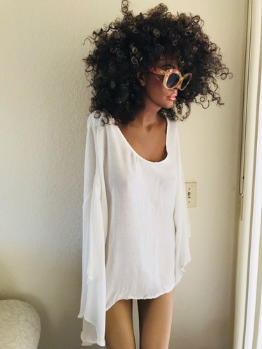 Fabulous Lightweight White Angel Sleeve Caftan Resort Cruise Blouse Size Large - Picture 10 of 10