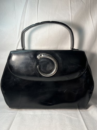 Cartier Panthere Handbag Silver Hardware Black Leather Bag Authentic