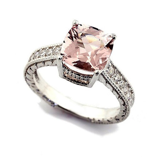 2.10Ct Corte Almohada Morganita & 1 Diamante Anillo de Compromiso Plata de Ley - Imagen 2 de 6