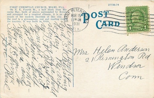 Miami Florida ~ Christliche Stuckkirche ~ Palmen ~ Postkarte 1931 - Bild 2 von 2