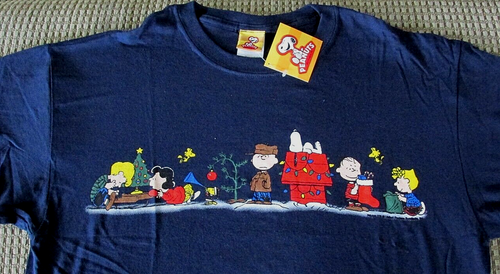 Snoopy Christmas T Shirt Peanuts Gang Large Navy Blue Pathetic Tree Strip - Picture 2 of 2