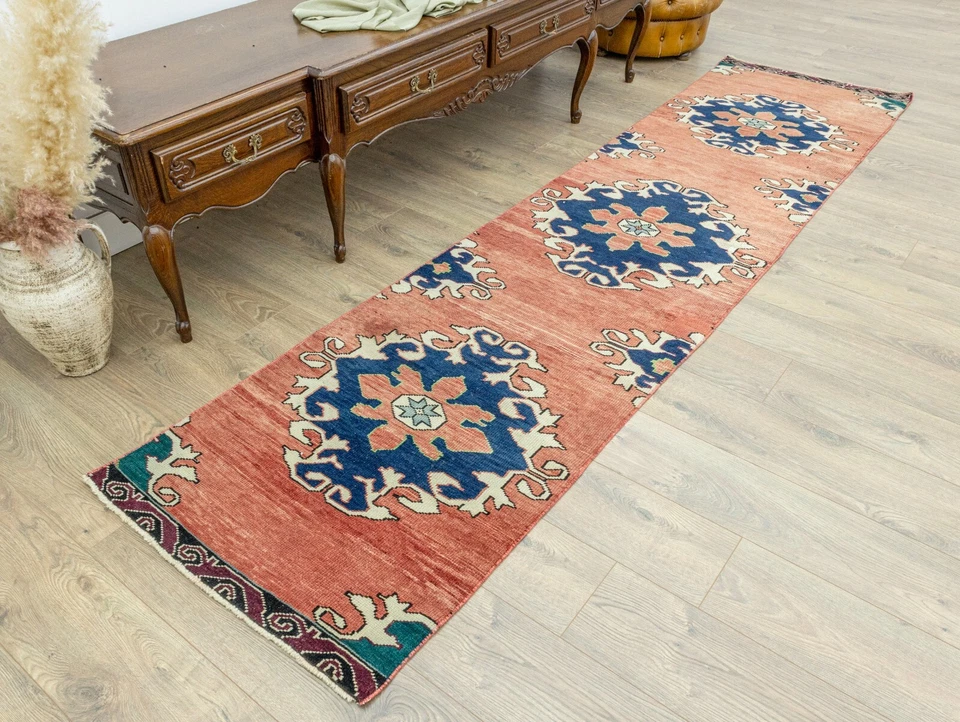 Turkish Oushak Runner 2.6x10.3 ft – Burnt Apricot & Indigo – Tribal Hallway Rug - Image 2 of 4