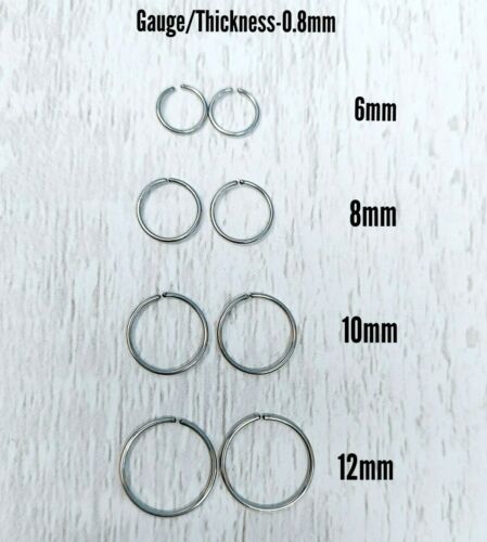 PAIR Small Round Hoop Earrings Nose Rings Stainless Steel Small 0.8mm Thickness - Picture 4 of 11