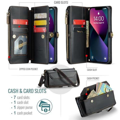 Crossbody Wallet Case【RFID Blocking】 with 7-Card Holder Zipper iPhone 13 Black - Picture 4 of 7