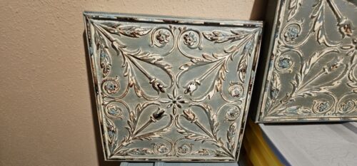 Metal 12.5” Square Shabby Garden Salvage Style Metal Green Aqua Plaque Lot of 2 - Picture 3 of 5