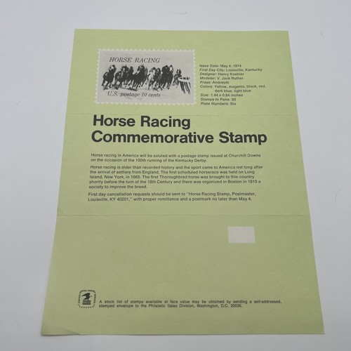 1974 10¢ Horse Racing Commemorative Postage Stamp FDC Advertising - Picture 1 of 5