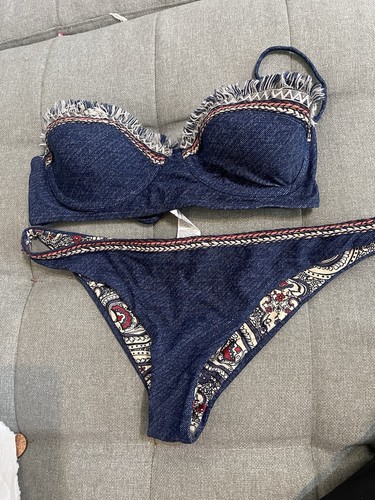River island blue denim structured bikini top and bra set size 12