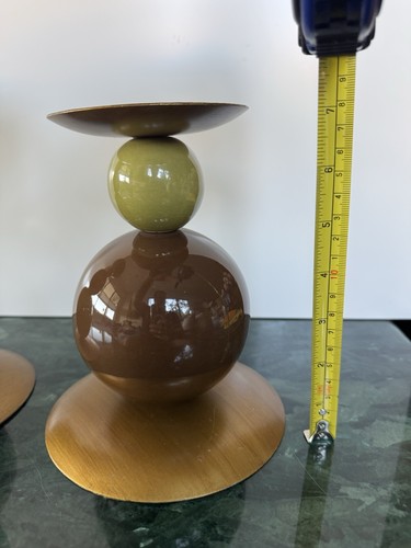 Vintage  MCM 2Pc Green/Brown/Gold Stacked Spheres Pillar Candle Holders - Picture 5 of 6