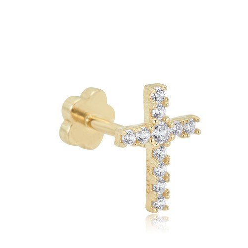 AVORA 14K Yellow Gold Cubic Zirconia CZ Cross Cartilage Piercing Flat Back