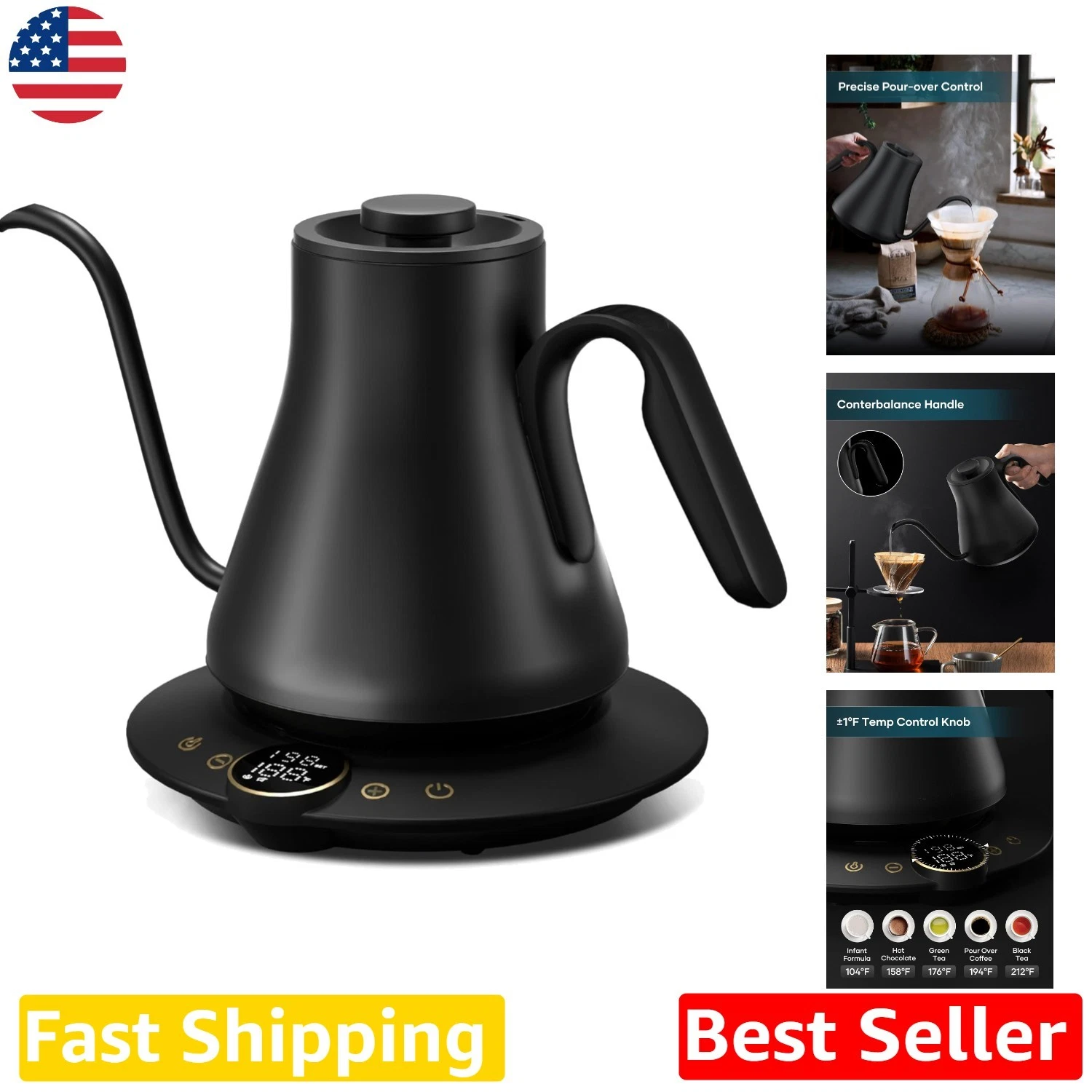 Gooseneck Kettle, Precise Temp, 2hr Hold, 1500W, Stainless Steel, Black