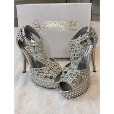 DbDk Fashion Silver Rhinestone Caged Platform Heels Peep Toe Pageant Sandals 10