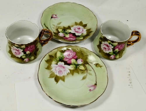 Lefton China handbemalt Green Heritage Rose 3067 rosa Rosen 2 Teetassen & Untertassen - Bild 4 von 7