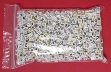 Alphabet beads, 1000 pc 6x6mm, white with black, silver gold print, 5 oz bag