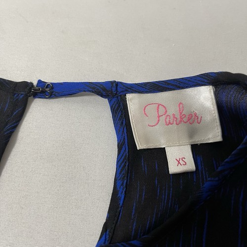 Abito Parker seta svasato buco della serratura blu fantasma cobalto taglia XS maniche a campana con volant - Foto 14 di 16