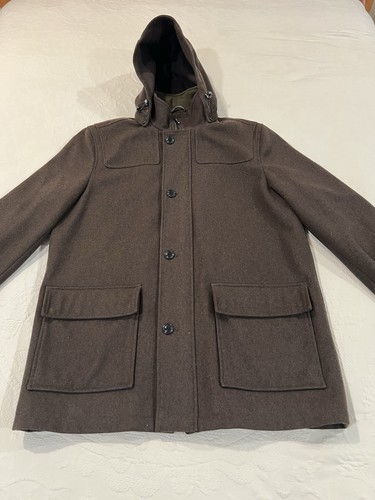 Lands’ End Men’s Brown Wool Blend Parka Jacket Size L (42–44) Zip/Button Hooded - Picture 2 of 24
