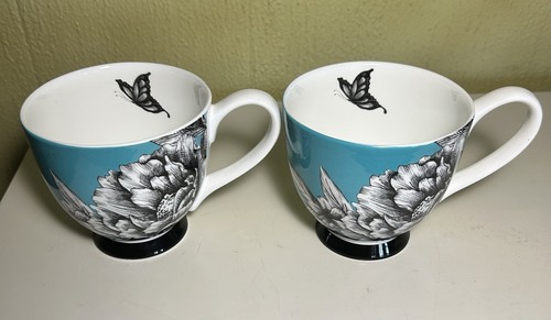 2-PORTOBELLO INSPIRE TURQUOISE BLACK FLORAL FOOTED BONE CHINA MUG Butterfly - Picture 9 of 9
