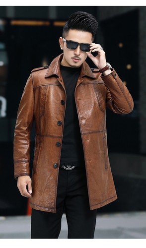 Cappotto trench uomo vera pelle di pecora medio lungo monopetto giacca soprabito - Foto 13 di 25