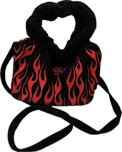 Valfre schwarz Feuer Flamme Stickerei Cord Umhängetasche Herz Handtasche Puppen töten