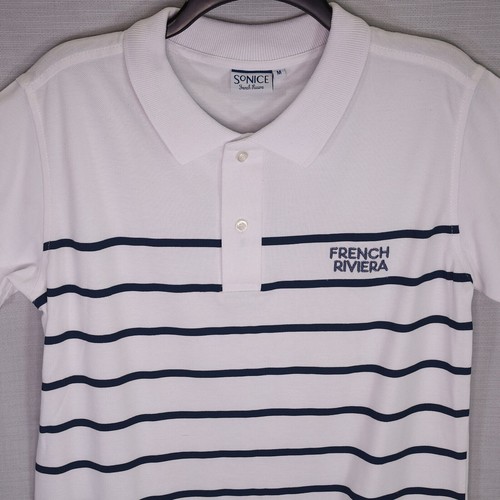 So Nice Top Womens Medium Polo Shirt White Navy Blue Stripe French Riviera - Picture 8 of 9