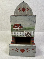 Vintage Hand Painted Folk Art Wooden Wall Box Country House Scene Rustic Decor