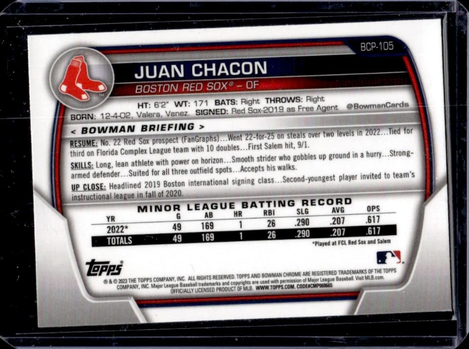 2023 Bowman Juan Chacon Chrome 1st #BCP-105 Red Sox - Image 2 of 2