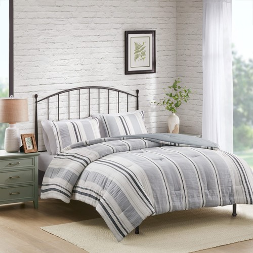 Hyde Lane Modern Farmhouse Comforter Set – King Size, 3-Piece Indigo Blue Str... - Picture 3 of 7