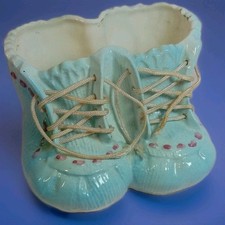Vintage Inarco Planter Blue Baby Booties Shoes Bows Vase Japan 3"x4"x 4"