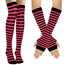 Women Socks Striped Knee High Socks Leg Arm Warmer Fingerless Gloves Rose Red