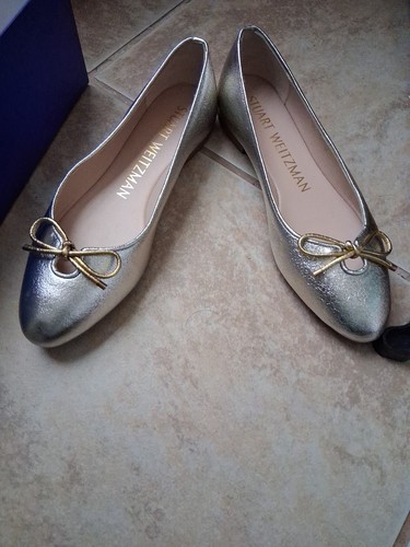 STUART WEITZMAN Gabby silver metallic almond toe slip On leather flats ballet 7 - Picture 6 of 12
