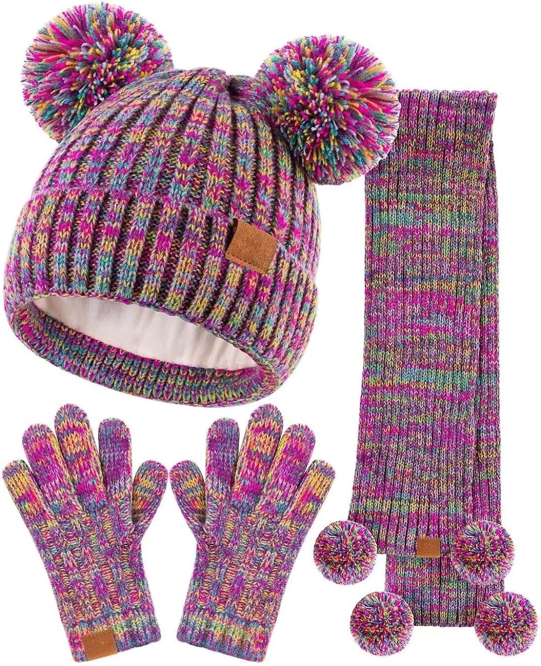 Kids Winter Hat Gloves Scarf Set, Girl Toddler Children (Size:9-15Yeasr,Rainbow)