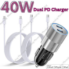 Dual Type C PD Fast 40W Car Charger Adapter Cable For iPhone 14 13 12 11 Pro Max