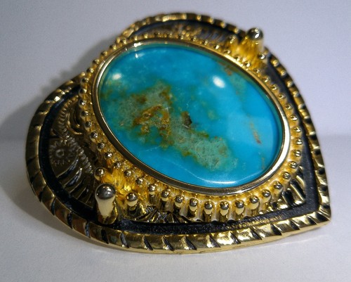 Vintage Natural Turquoise Oval & Gold Tone Ornate Heart Shaped Belt Buckle - Picture 3 of 8