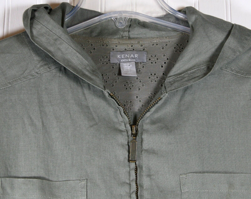 Women's Medium olive green hooded jacket 100% Linen zip front Kenar - Picture 3 of 4