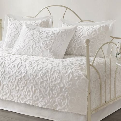 Juego de ropa de cama funda de día de algodón medallón de chenilla blanco campo francés de 5 piezas - Imagen 2 de 2