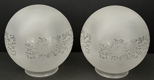 Vintage Frosted Floral Etched Glass Light Shades/Globes 6" w/3" Fitter Set of 2