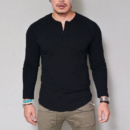 Herren Solide Freizeit Rundhals Langarm Tops Slim Pullover Knopf T-Shirt - Bild 23 von 73