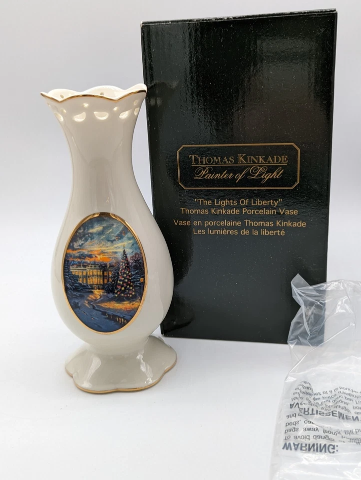 Jarrón de porcelana Thomas Kinkade "Las luces de la libertad" 2005 nuevo en caja Foto 4 de 4