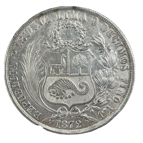 Un Sol 1872 Y.J Peru  .900 Silver KM# 196.3 MS+++  Uncirculated Coin #2 - Picture 2 of 6