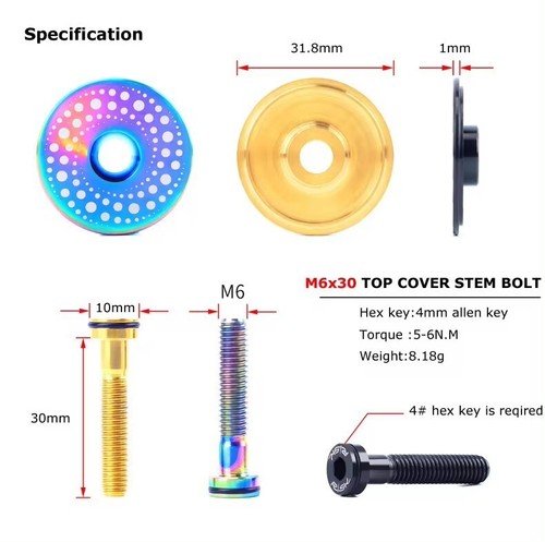 1PC RISK Titanium Bicycle 28.6mm Ahead Headset Top Stem Cap and M6x30 Star Nut - Picture 3 of 25